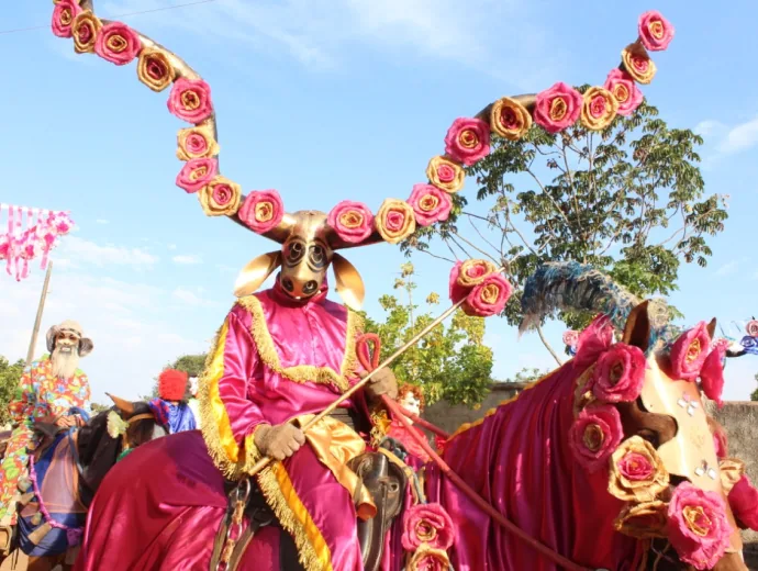 Mascarado das Cavalhadas com chapéu de flores cor-de-rosa
