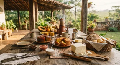 Mesa de café colonial na Fazenda Babilônia
