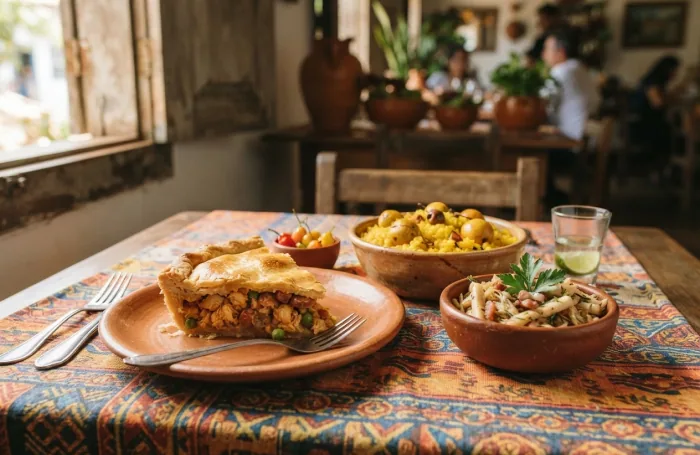 Mesa com empadão goiano e pratos típicos num restaurante do Centro Histórico