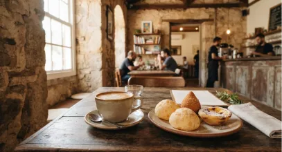 Xícara de café e pães de queijo no Pé di Café