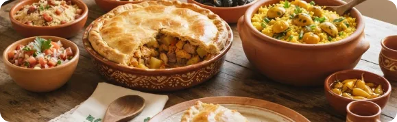 Mesa com empadão goiano e pratos típicos em panelas de barro