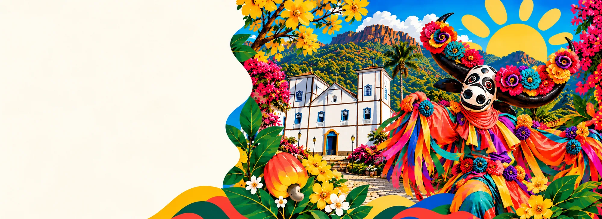 Ilustração colorida de Pirenópolis com a Igreja Matriz, flores do Cerrado e um mascarado das Cavalhadas