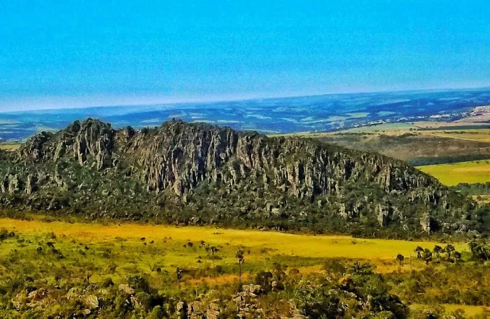 Serra dos Pireneus vista de longe, com campos do Cerrado em primeiro plano