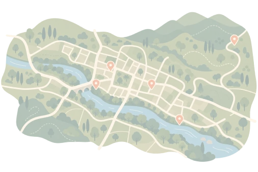 Mapa ilustrado de Pirenópolis com o Rio das Almas e os pontos do roteiro