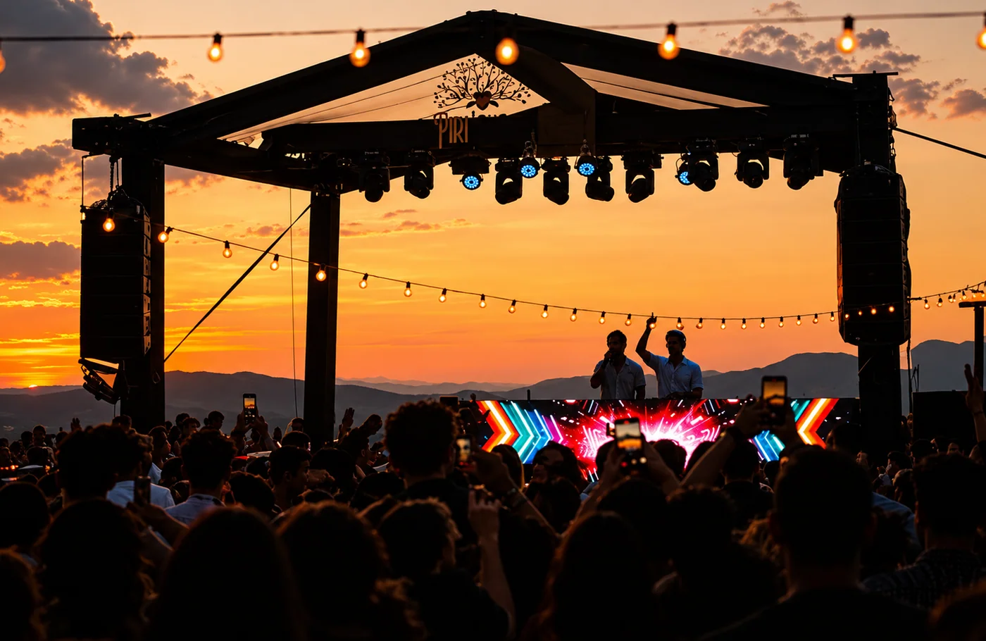 Palco ao ar livre ao pôr do sol com público em silhueta
