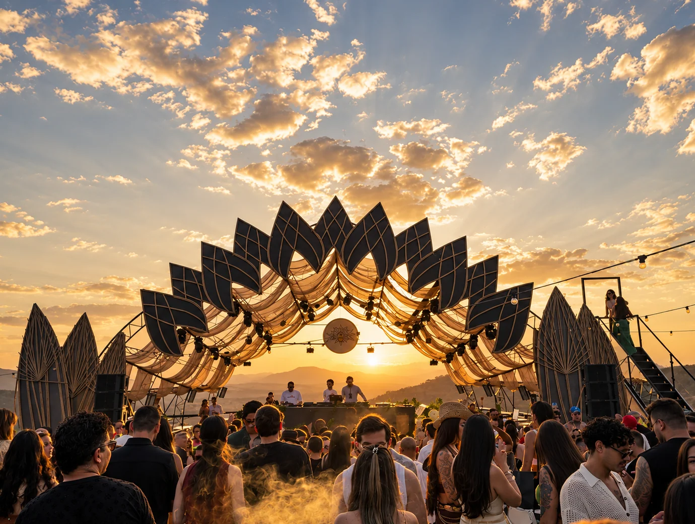 Estrutura do Piri Lounge iluminada pelo pôr do sol, com público dançando