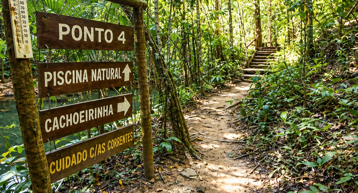 Placas da trilha do Santuário Vagafogo