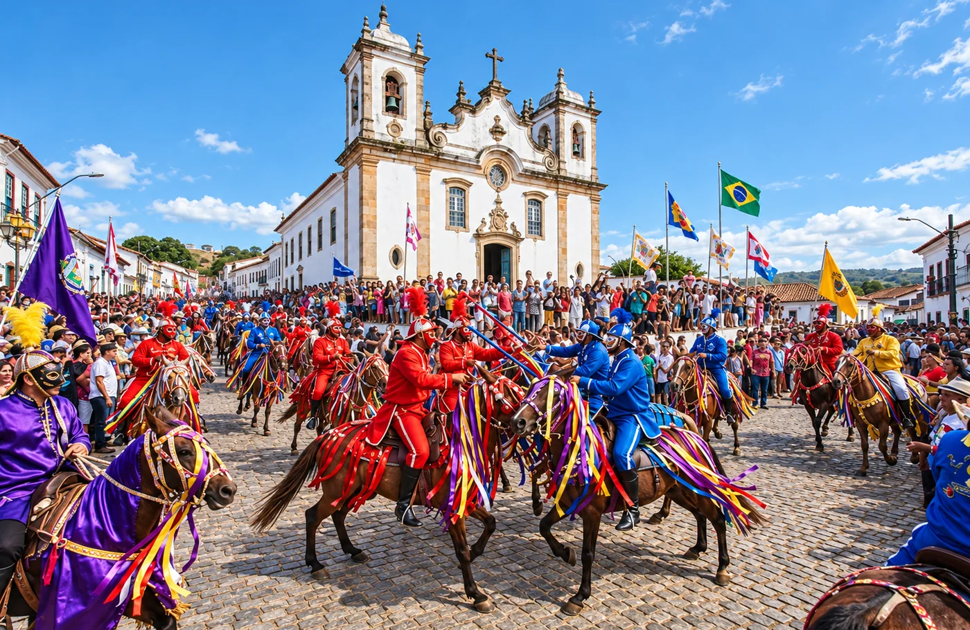 Cavalhadas diante da Igreja Matriz, com cavaleiros enfeitados e público nas ruas