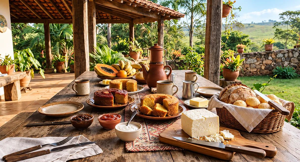Mesa de café colonial na Fazenda Babilônia
