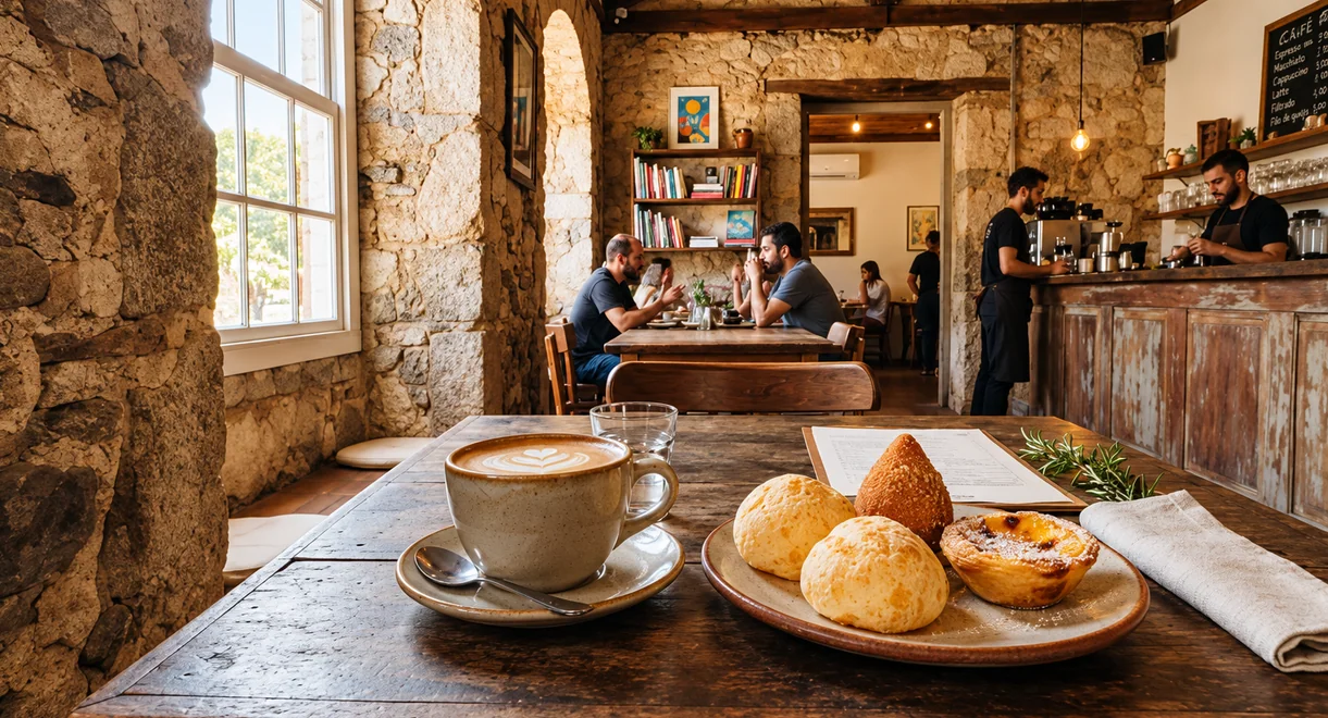 Xícara de café e pães de queijo no Pé di Café