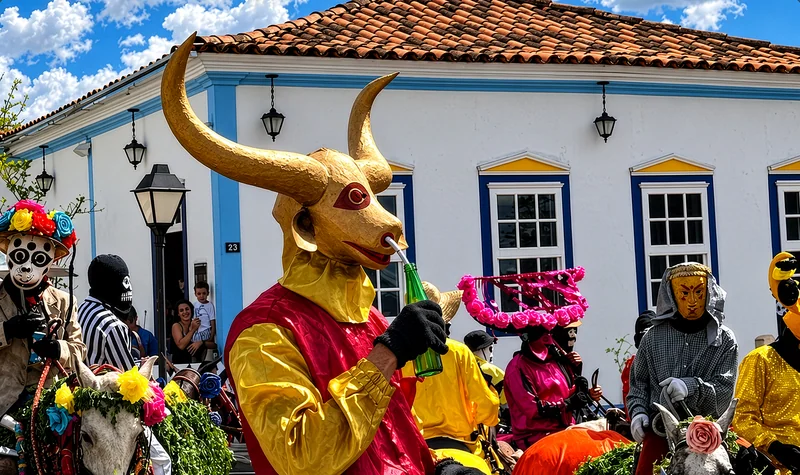 Mascarados das Cavalhadas em frente ao casario colorido
