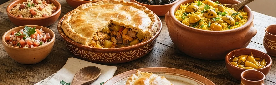 Mesa com empadão goiano e pratos típicos em panelas de barro