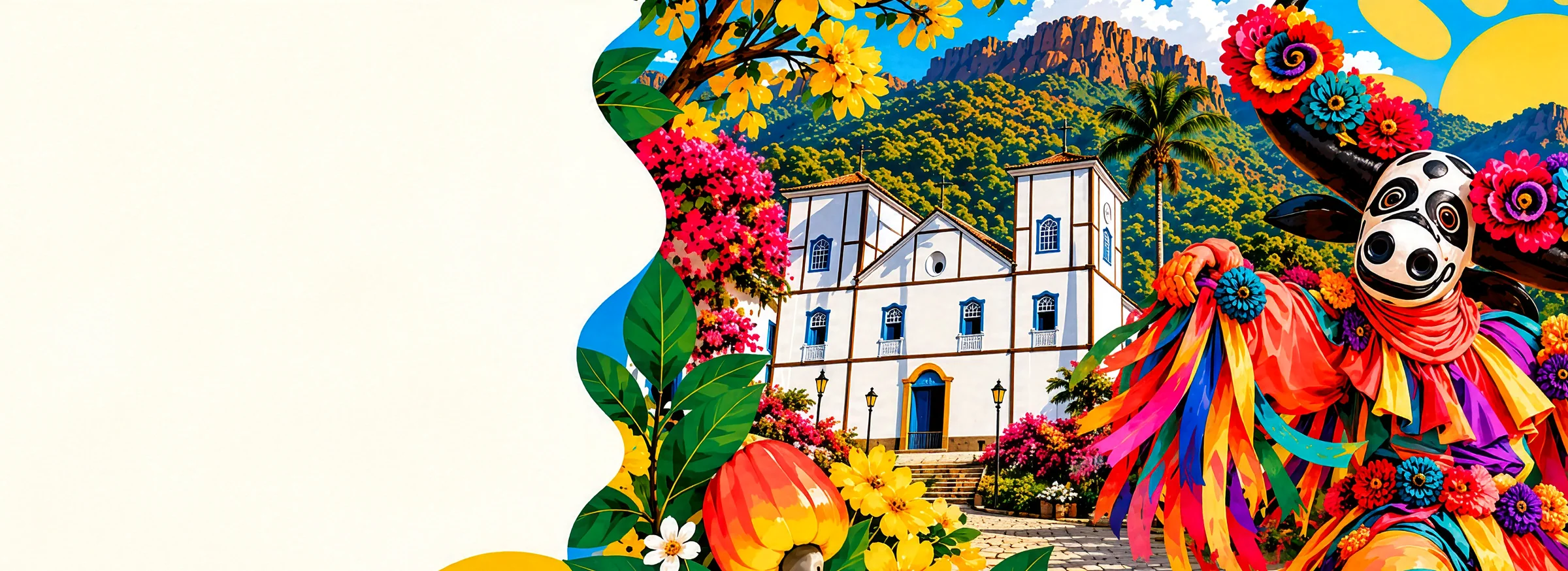 Ilustração colorida de Pirenópolis com a Igreja Matriz, flores do Cerrado e um mascarado das Cavalhadas