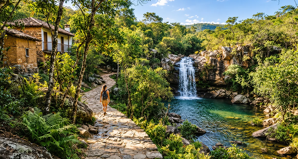 Trilha e queda d’água das Cachoeiras Bonsucesso