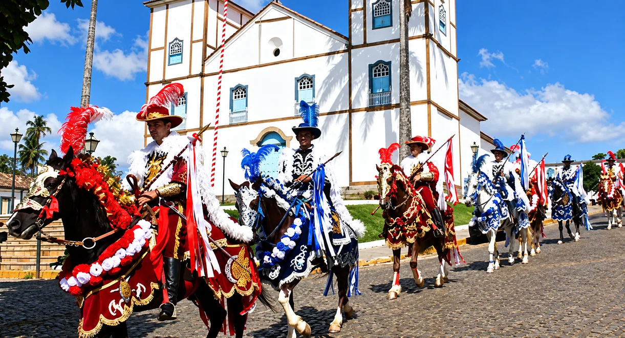 Cavaleiros da Festa do Divino em frente à Matriz