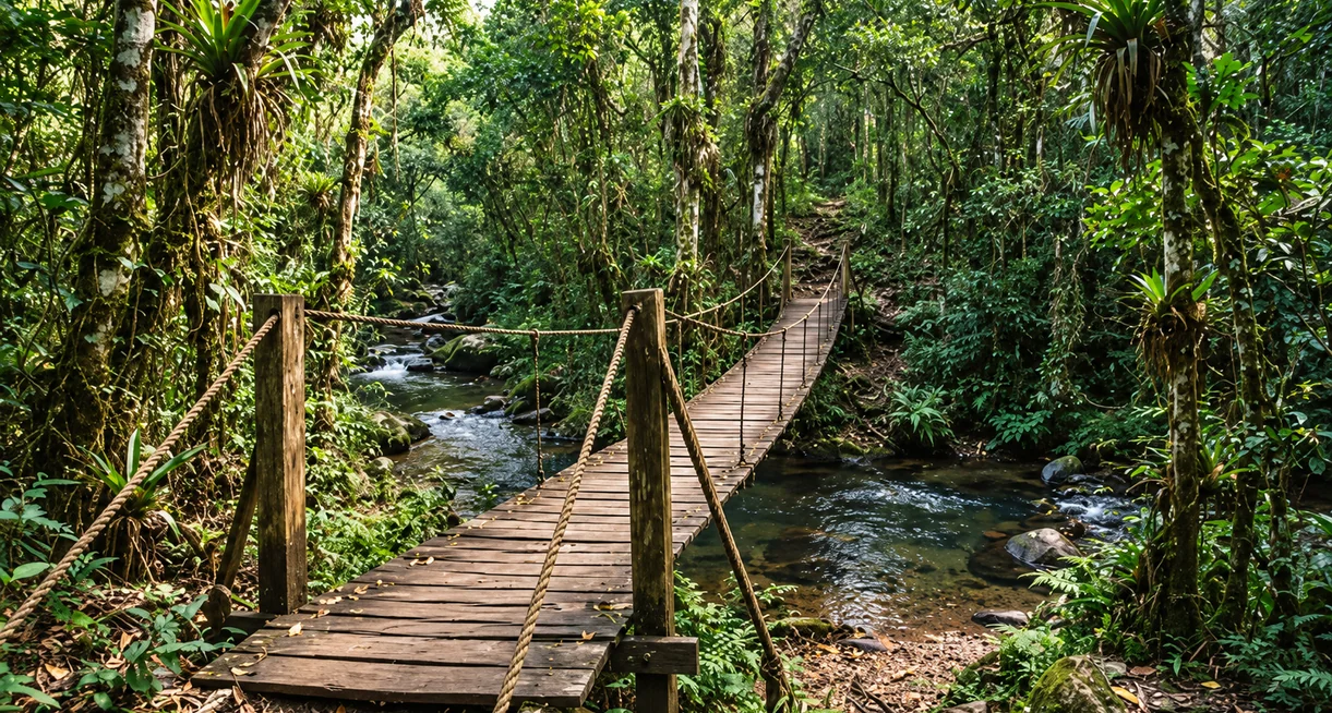 Passarela de madeira na mata do Santuário Vagafogo
